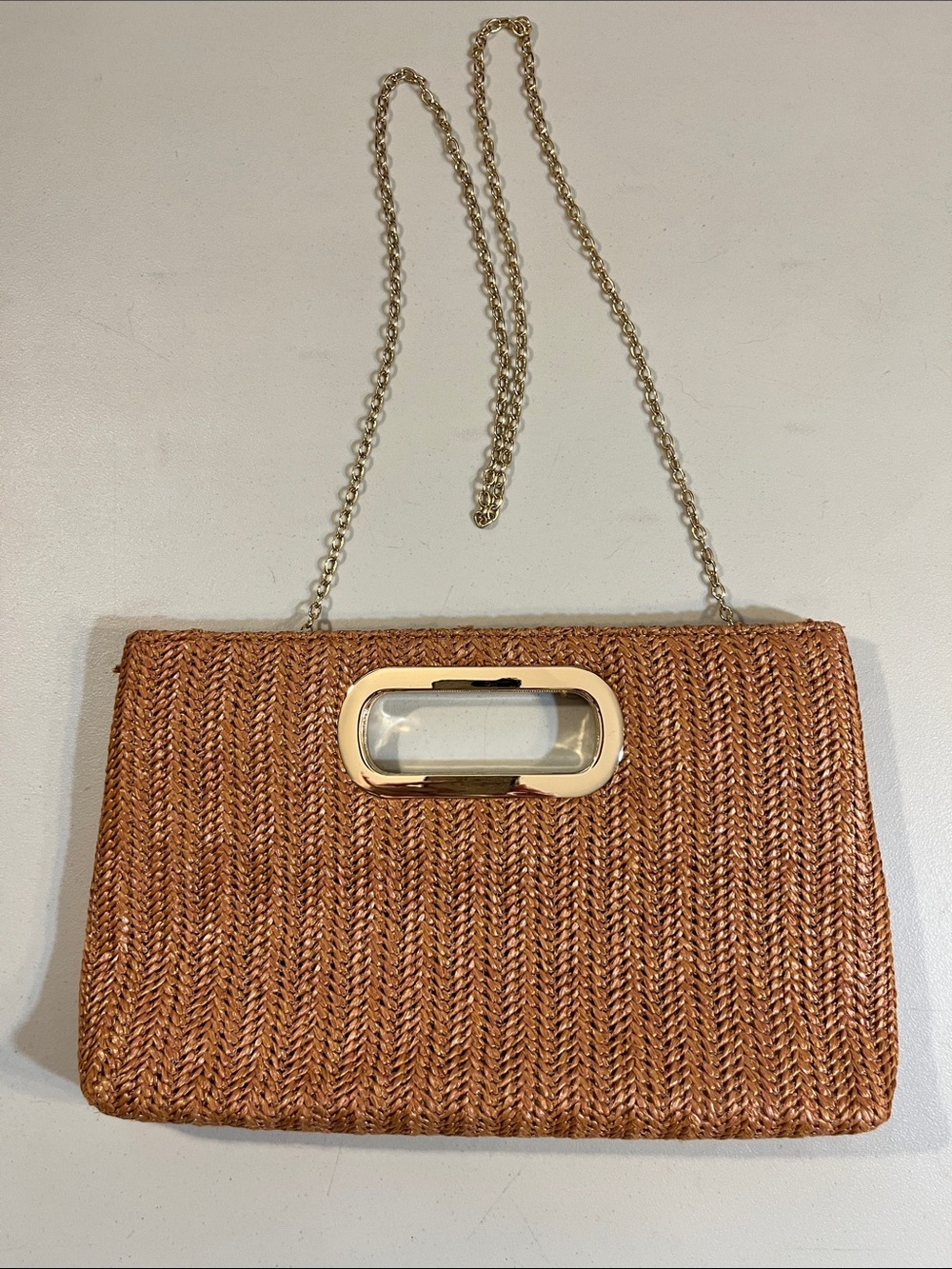 Woven Straw Clutch with Gold Chain - Brown